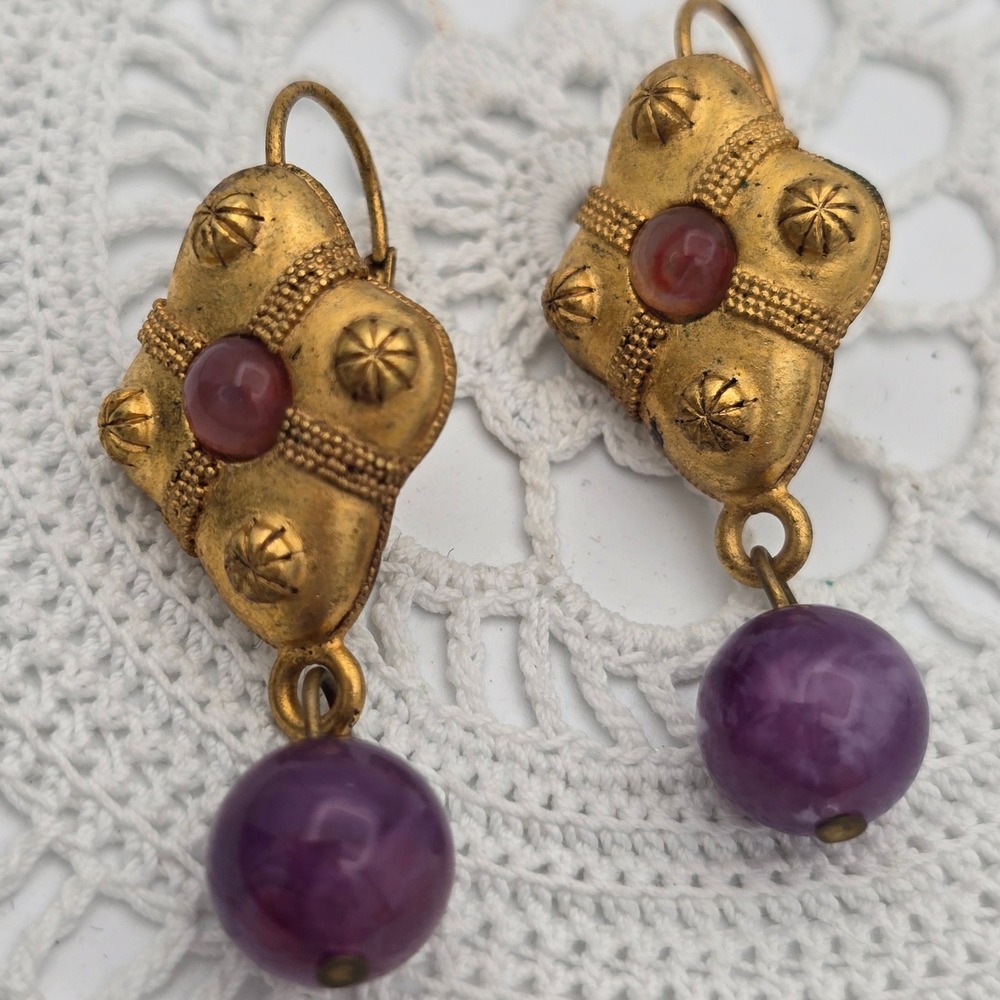 Vintage Byzantine Revival Gold Tone Lozenge Purple Bead Dangle Earrings Venue